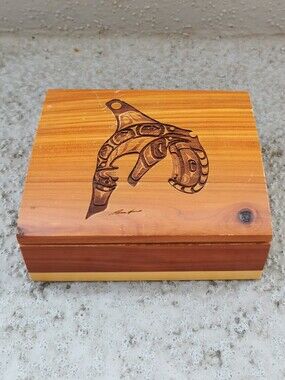 Vintage Indigenous Cedar Keepsake Box Orca Northwest Coast Artist Signed